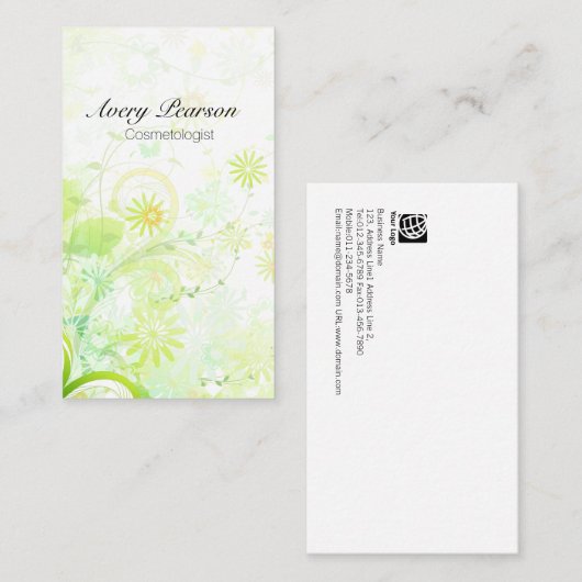 Cosmetoloog Elegant Pastel Groene Bloemen Swirls Visitekaartje (Voorkant / Achterkant)