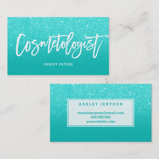 Cosmetoloog elegante typografie faux aqua glitter visitekaartje (Voorkant / Achterkant)
