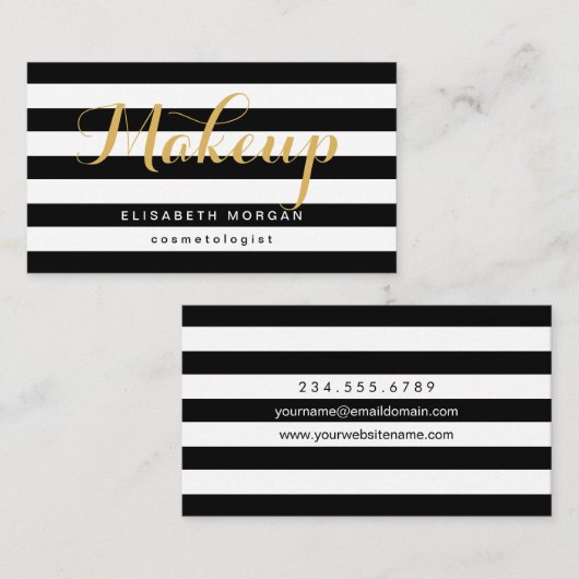 Cosmetoloog Gold Calligraphy Black White Stripes Visitekaartje (Voorkant / Achterkant)