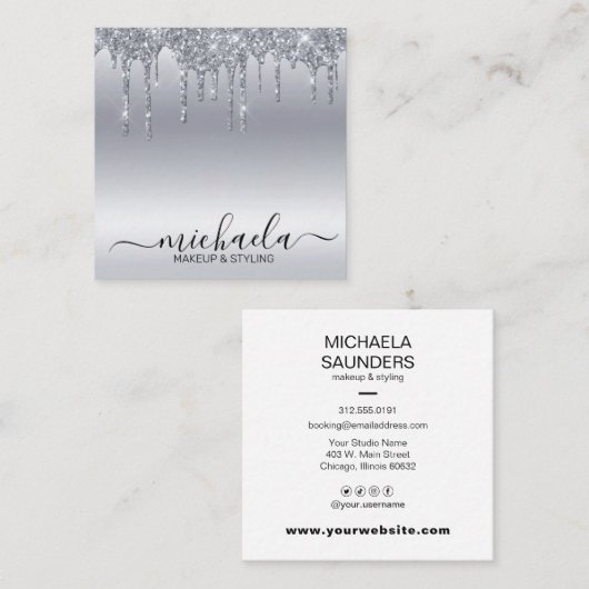 Cosmetoloog Makeup Artist Silver Glitter Drip Vierkante Visitekaartje (Voorkant / Achterkant)