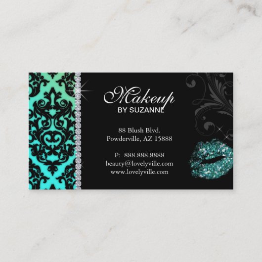 Cosmetoloog Visitekaartje Damask Glitter Blauwgroe (Voorkant)