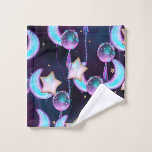Cosmic Balloons | Blauwe Paarse moonsterstrippen Bad Handdoek (Wasdoekje)