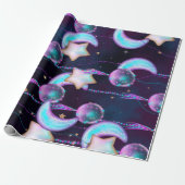 Cosmic Balloons | Blauwe Paarse moonsterstrippen Cadeaupapier (Uitgerold)