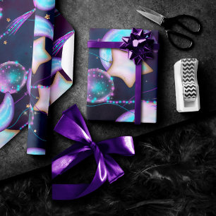 Cosmic Balloons   Blauwe Paarse moonsterstrippen Cadeaupapier