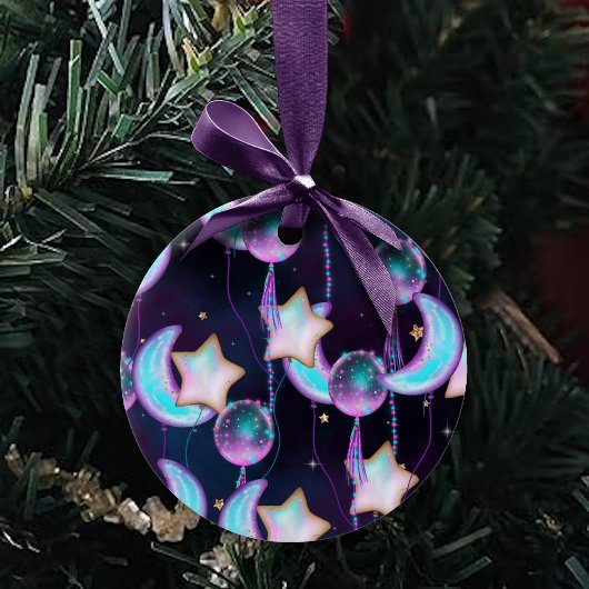 Cosmic Balloons | Blauwe Paarse moonsterstrippen Keramisch Ornament