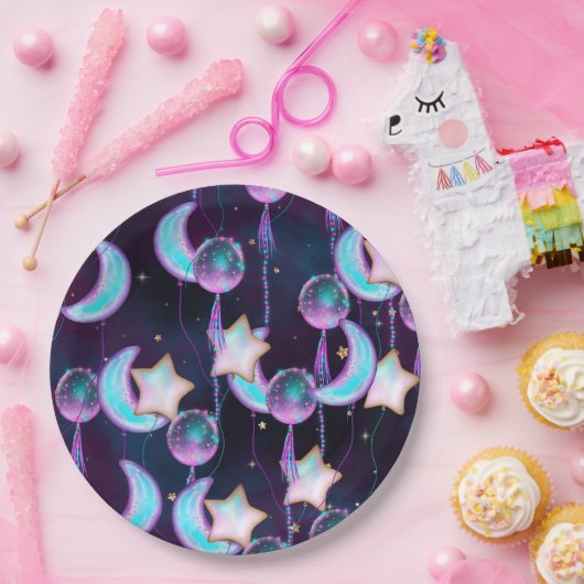 Cosmic Balloons | Blauwe Paarse moonsterstrippen Papieren Bordje (Feest)