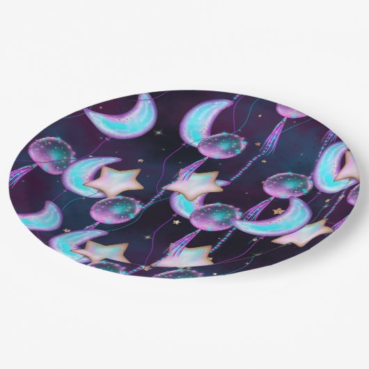 Cosmic Balloons | Blauwe Paarse moonsterstrippen Papieren Bordje (Gekanteld)