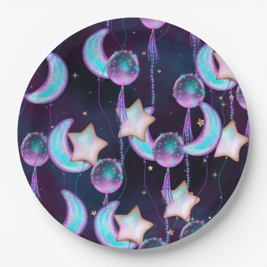 Cosmic Balloons | Blauwe Paarse moonsterstrippen Papieren Bordje (Voorkant)