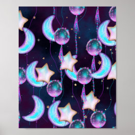 Cosmic Balloons | Blauwe Paarse moonsterstrippen Poster