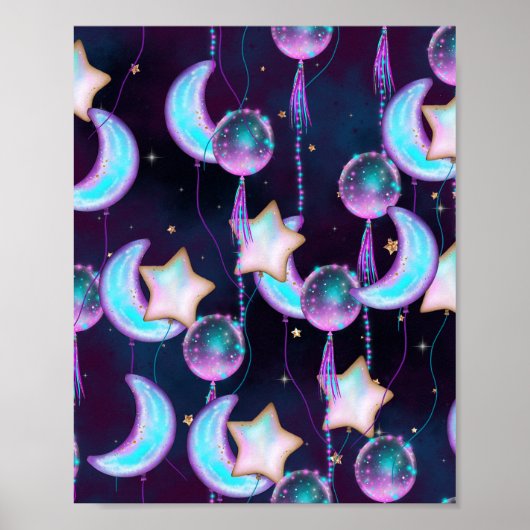 Cosmic Balloons | Blauwe Paarse moonsterstrippen Poster (Voorkant)