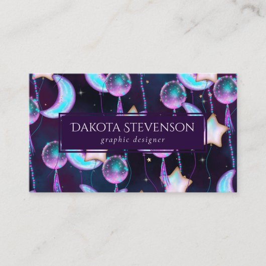 Cosmic Balloons | Blauwe Paarse moonsterstrippen Visitekaartje (Voorkant)