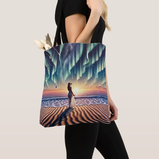 Cosmic Beachscape: Aurora Dreaming 3D Tote Bag (Dichtbij)