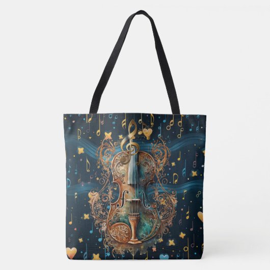 Cosmic Blue and Gold Rococo Violin Large Tote Tote Bag (Voorkant)