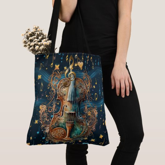 Cosmic Blue and Gold Rococo Violin Large Tote Tote Bag (Dichtbij)