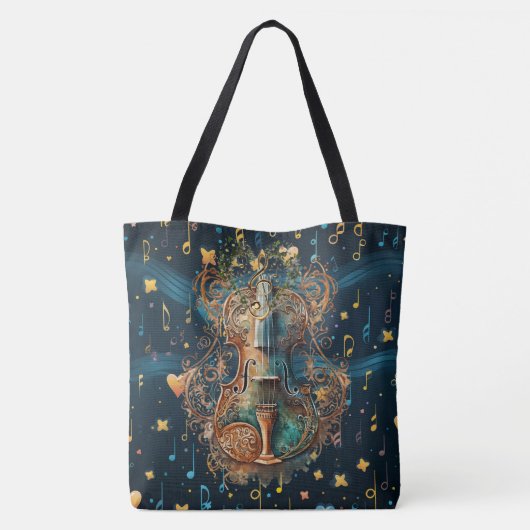 Cosmic Blue and Gold Violin Large Shoulder Tote Tote Bag (Achterkant)