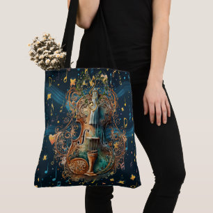 Cosmic Blue en Gouden Viool Grote Schoudertas Tote Bag