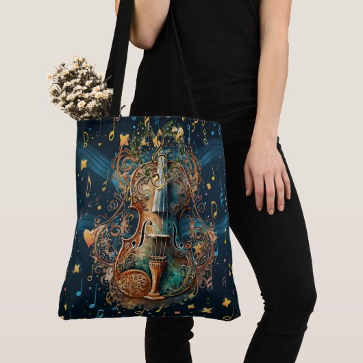 Cosmic Blue en Gouden Viool Grote Schoudertas Tote Bag (Dichtbij)