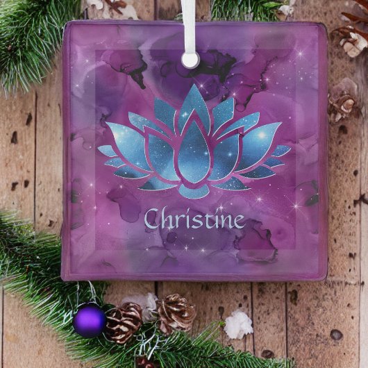 Cosmic Blue en Pink Galaxy Lotus Flower met naam Glas Ornament