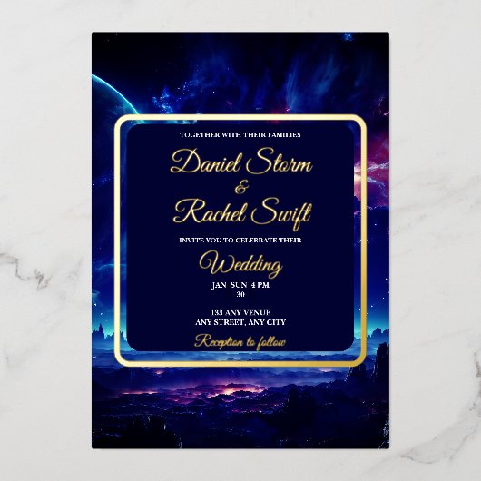 Cosmic Blue Nebula Celestial Union Bruiloft Folie Uitnodiging (Voorkant)