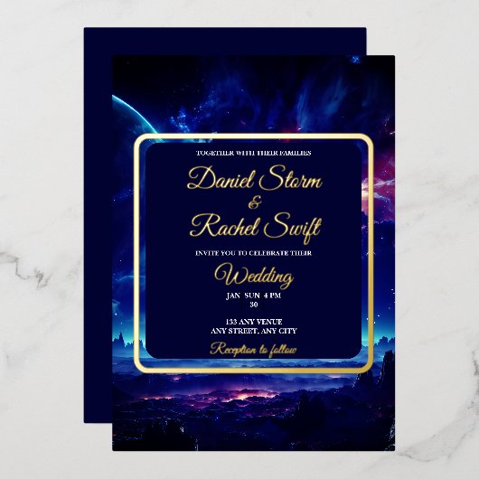 Cosmic Blue Nebula Celestial Union Bruiloft Folie Uitnodiging (Voorkant / Achterkant)