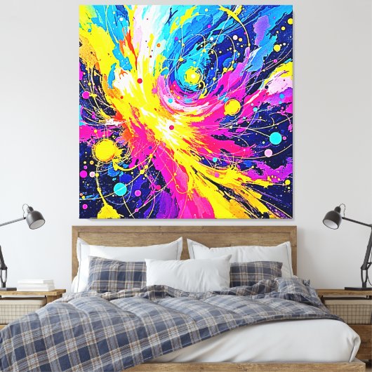 Cosmic Burst: Vibrant Splatter Art Canvas Afdruk (Insitu (Slaapkamer))
