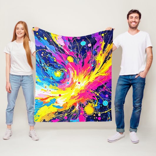 Cosmic Burst: Vibrant Splatter Art Fleece Deken (In situ)