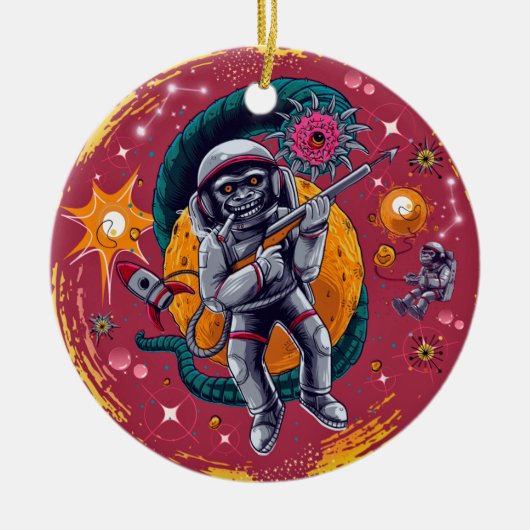 Cosmic Capers: Rondapen in de retro-ruimte Keramisch Ornament (Voorkant)