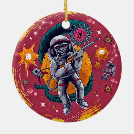 Cosmic Capers: Rondapen in de retro-ruimte Keramisch Ornament (Achterkant)