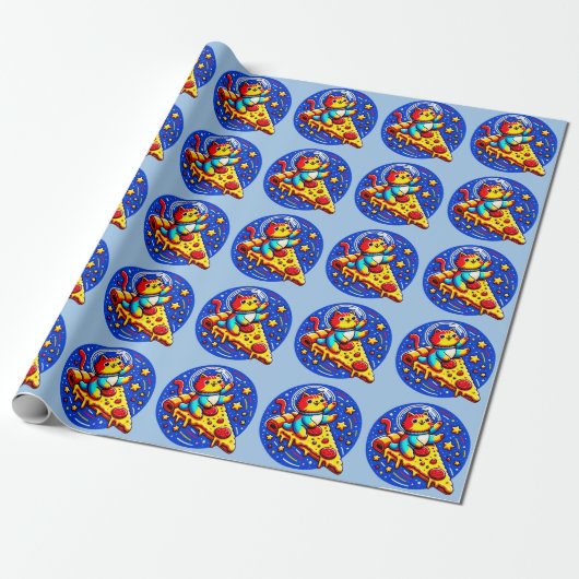 Cosmic Cat Astronaut Sticker - Grappige Ruimtepizz Cadeaupapier (Uitgerold)