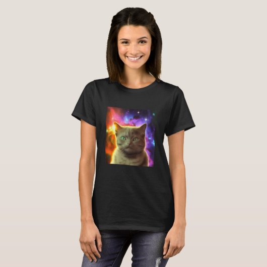 Cosmic Cat Cat Kitten in Outer Space Design T-shirt (Voorkant volledig)