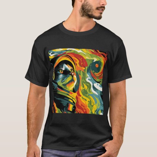 Cosmic Cat Explorer – Psychedelic Space Art T-shirt (Voorkant)