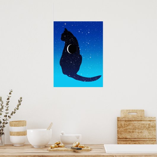 Cosmic Cat in sterren en Crescent Moon Pattern Poster (Keuken)