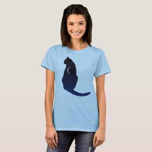 Cosmic Cat in sterren en Crescent Moon Pattern T-shirt (Voorkant volledig)