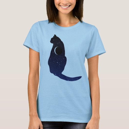 Cosmic Cat in sterren en Crescent Moon Pattern T-shirt (Voorkant)
