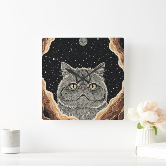 Cosmic Cat Vierkante Klok (Huis)