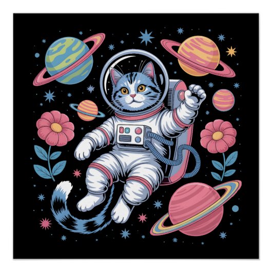 Cosmic Catstronaut in Neon Space Vaporwave Perfect Poster (Voorkant)