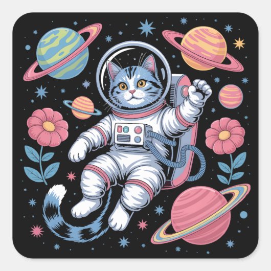 Cosmic Catstronaut in Neon Space Vaporwave Vierkante Sticker (Voorkant)