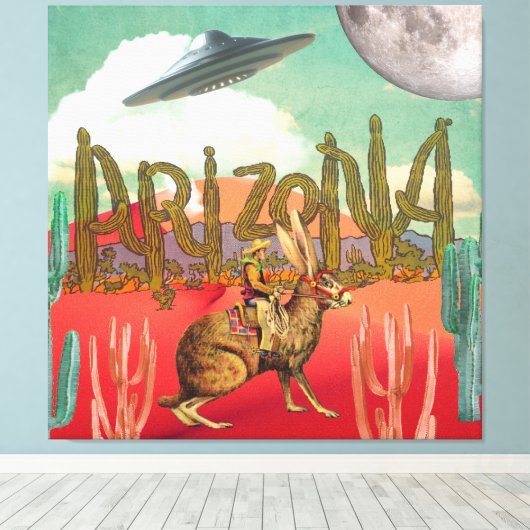 Cosmic Cowboy Arizona Jackalope Surreal Collage Canvas Afdruk (Insitu (Houten vloer))