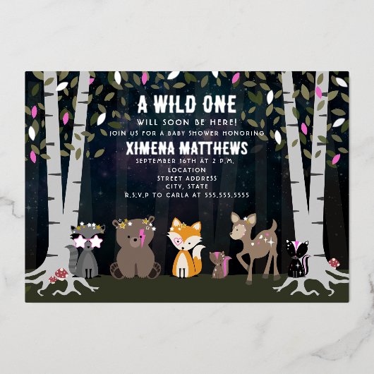 Cosmic Creatures Woodland Animals Baby shower Folie Uitnodiging (Voorkant)