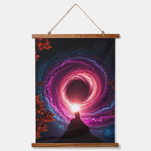 "Cosmic Descent — Man Staring Into a Neon Galactic Hangend Wandkleed (Voorkant)