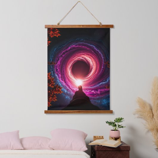 "Cosmic Descent — Man Staring Into a Neon Galactic Hangend Wandkleed (Slaapkamer)