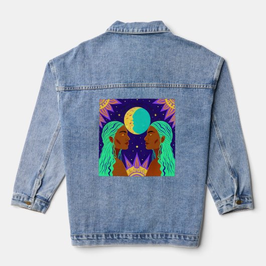 Cosmic Duality: Sun, Moon, and Sisterhood Denim Jacket (Achterkant)