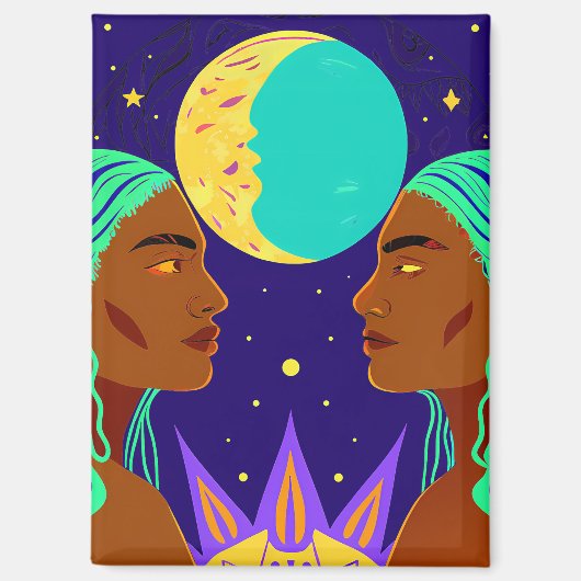 Cosmic Duality: Sun, Moon, and Sisterhood Magneet (Voorkant)