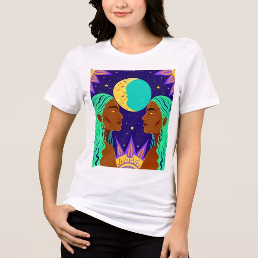 Cosmic Duality: Sun, Moon, and Sisterhood Tri-Blend Shirt (Voorkant)