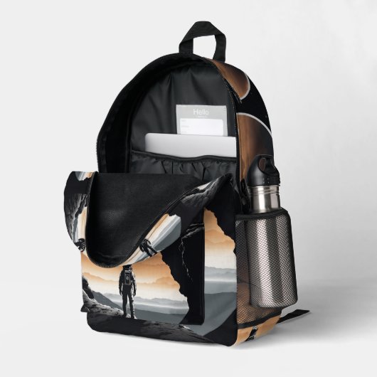 Cosmic Edge: Astronaut Embleem Bedrukte Rugzak (Achterkan Hoek Rechts (Open))