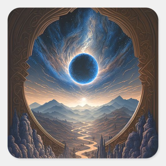 Cosmic Fantasy Space Landscape Square Sticker (Voorkant)