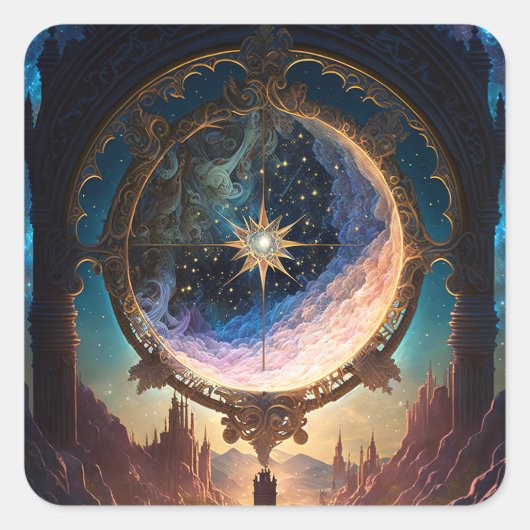 Cosmic Fantasy Space Landscape Vierkante Sticker (Voorkant)