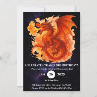 Cosmic Flame Dragon Birthday Invitation Kaart