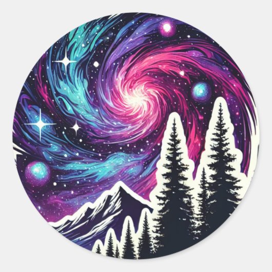 Cosmic Forest: Galaxy Meets Nature Ronde Sticker (Voorkant)