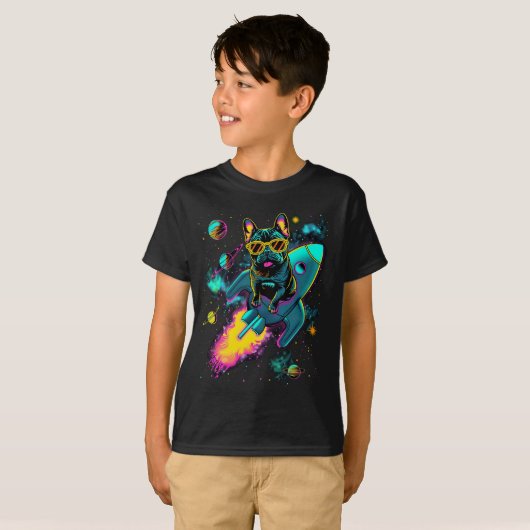 Cosmic Frenchie Rocketrit | Neon Kids T-shirt (Voorkant volledig)
